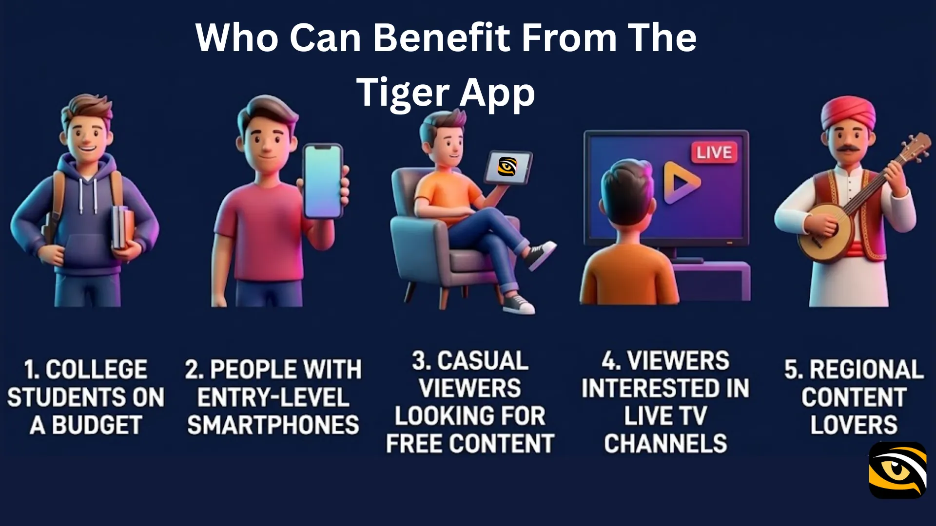 Five characters showing target audiences who benefit from Tiger app